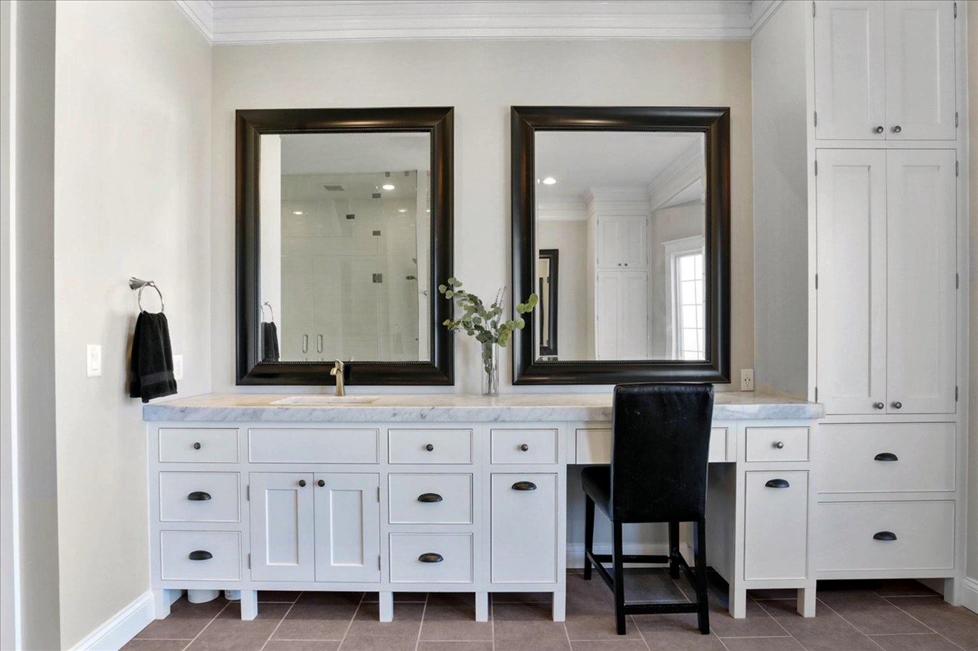 Longwood primary bath vanity with marble top