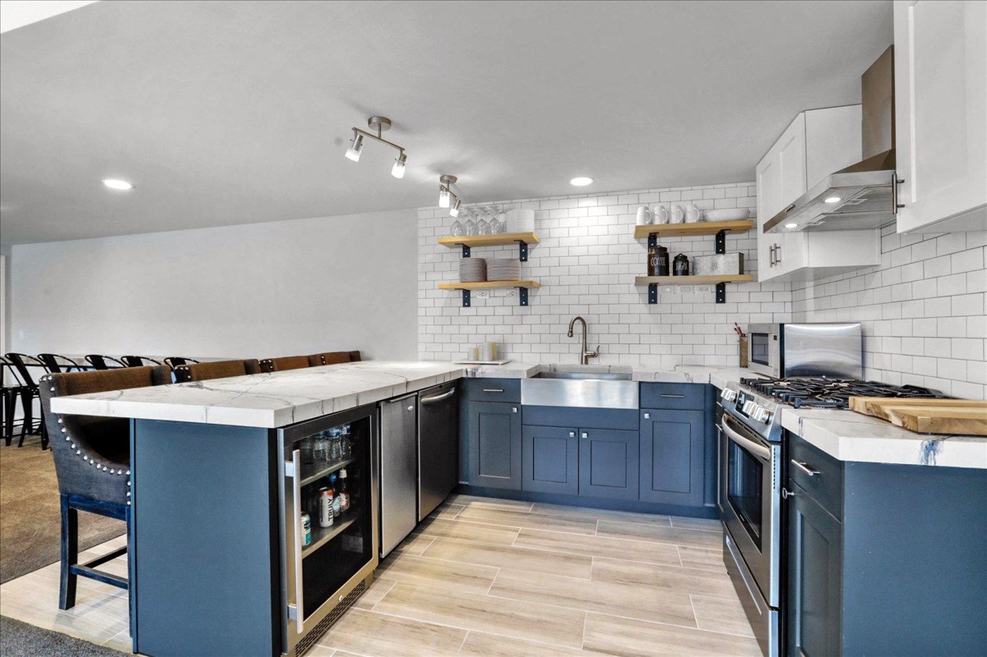 Longwood lower-level kitchen, built and tiled by Dan