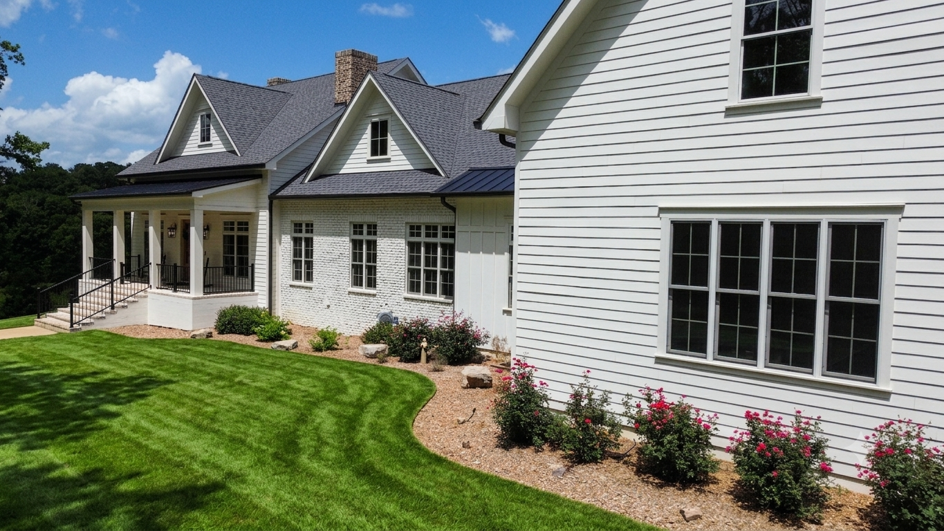 Drone view of custom farmhouse and landscaping — Columbia, TN