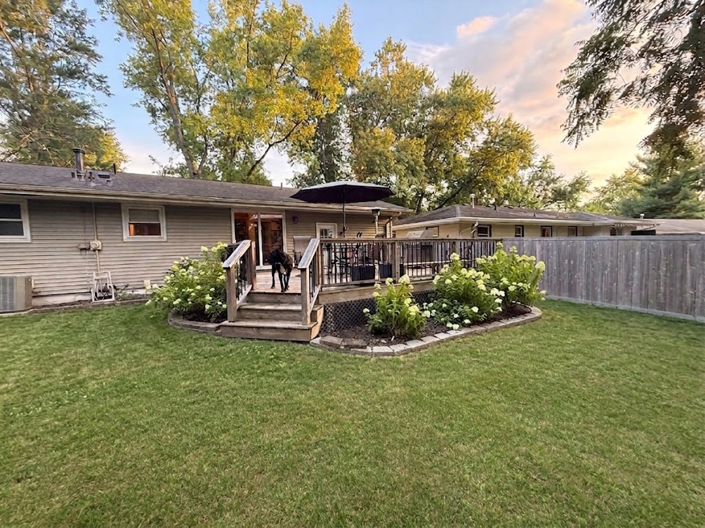 Roland backyard and deck after renovation at sunset